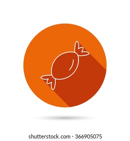 Candy icon. Sugar lollipop sign. Sweet food symbol. Round orange web button with shadow.