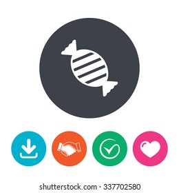 Candy icon. Sweet food sign. Download arrow, handshake, tick and heart. Flat circle buttons.