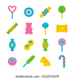 Candy icon vector set. Flat collection with lollipop, sweets, gummy bear, caramel, candy cane, chocolate. 