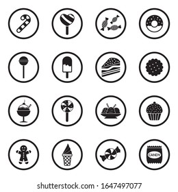 Candy Icons. Black Flat Design In Circle. Vector Illustration.