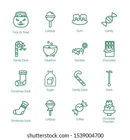 candy icons. Editable 16 candy icons. Included icons such as Trick or treat, Lollipop, Gum, Candy, Cane, Cauldron, Candies, Chocolate, Christmas sock. trendy icons for web.