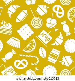 Candy icons seamless background on yellow background. Vector flat pattern