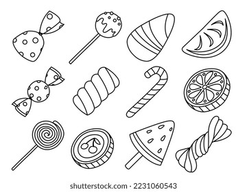 Candy icons set. Collection of graphic elements for website, poster or banner for website. Sweets, gourmet, dessert and delicacy. Cartoon flat vector illustrations isolated on white background