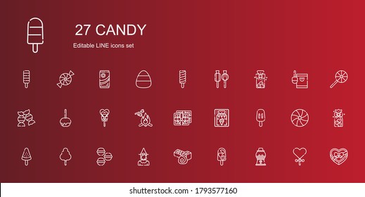 candy icons set. Collection of candy with candy machine, popsicle, chocolate, witch, macarons, cotton ice cream machine, marshmallow. Editable and scalable icons.