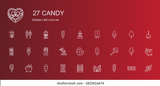 candy icons set. Collection of candy with popsicle, smore, sweet, cauldron, lollipop, cookie, marshmallow, chocolate, cookies, witch, cotton candy. Editable and scalable candy icons.