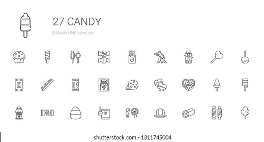 candy icons set. Collection of candy with sweet, gelatine, sweets, candy machine, chocolate box, cookie, ice cream machine, chocolate, cookies. Editable and scalable icons.
