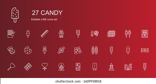 candy icons set. Collection of candy with witch, popsicle, chocolate, candy machine, lollipop, sweet, cookie, sweets, smore, ice cream machine. Editable and scalable icons.