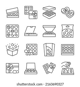 Candy icons set. Gift boxes of chocolate candy, linear icon collection. Line with editable stroke