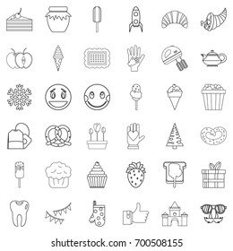 Candy icons set. Outline style of 36 candy vector icons for web isolated on white background