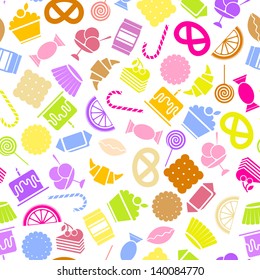 Candy icons vector seamless pattern. Colorful flat style background