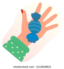 Candy illustration in the palm of your hand. Sweet food. Flat style. Isolated vector illustration.