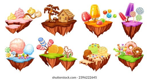 Candy islands. Flying sweet island, floating fantasy land with sweets lollipop cream cupcake gingerbread house chocolate cake, game fairy dream world neoteric vector illustration of sweet island