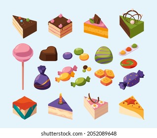 Candy isometric. Sweets delicious food for happy kids lollipop chocolate cakes and candy garish vector pictures set