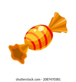 Candy isometric wrapped colorful yellow confectionery caramel lollipop. Vector illustration cartoon style
