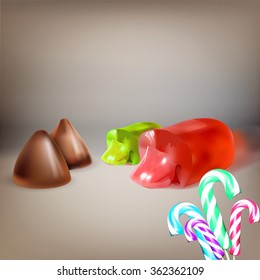 candy, jelly filled, liquid filling, sucking candy, cut, icon, vector object isolated, lollipop, chocolate truffles, a set of
