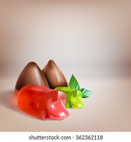 candy, jelly filled, liquid filling, sucking candy, cut, icon, vector object isolated, lollipop, chocolate truffles, a set of