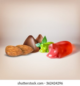 candy, jelly filled, liquid filling, sucking candy, cut, icon, vector object isolated, lollipop, chocolate truffles, almonds set