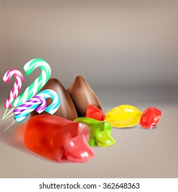 candy, jelly filled, liquid filling, sucking candy, cut, icon, vector object isolated, lollipop, chocolate truffles, a set of