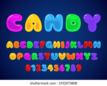 Bonbons Gelee. Kinder können latin-Alphabet, farbige, helle süße Buchstaben und leckere Zahlen, Kinder Spaß lollipop oder marmelade glänzend abc. Trendy type, Vektorgrafik, 3D-Cartoon einzeln