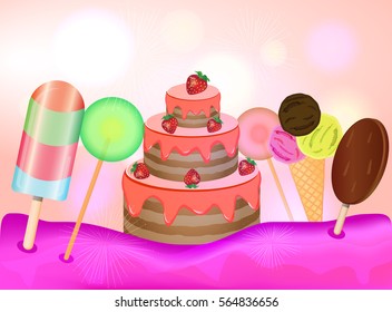 Candy land background. Birthday cake, lollipops and ice cream on pink background. Vector illustration
