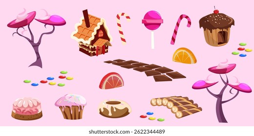Candy land background with sweets and desserts. Chocolate path, candy cane, lollipop, gingerbread house, cupcakes, donut, candy trees, colorful candies, fruit slices. Cartoon vector illustrations set.