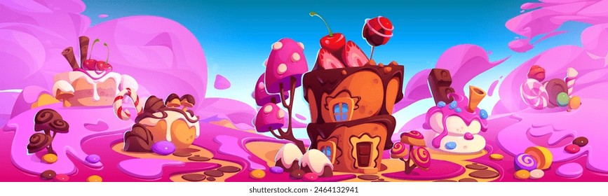 Fondo de la tierra del caramelo. Ilustración de dibujos animados de Vector de paisaje de postres con pasteles de galletas decoradas con chocolate, glaseado, fresa y cereza, piruletas de caramelo, mundo de confitería en nubes rosas