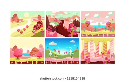 Candy land, bright sweet fantasy landscape elements vector Illustration on a white background