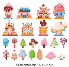 Candy land chocolate biscuit houses and caramel trees. Fantasy city with cake castles. Sweet game lollipops and cupcakes elements vector set. Fantastic ice cream plants and buildings