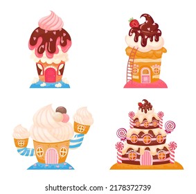 Candy land chocolate biscuit houses. Magic fantastic cake castles with cream and glaze on top decorated with lollipops. Ice cream fairy tale tasty building desserts isolated vector set