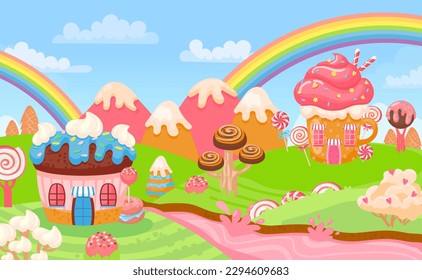 Candy land chocolate biscuit houses and caramel trees. Vector fantasy chocolate, candy and biscuit illustration, cake and dream
