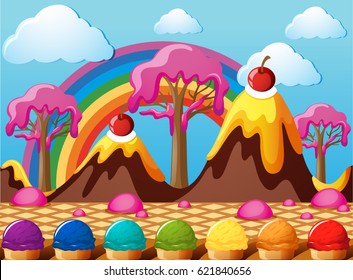 Candy Land With Chocolate Mountains And Icecream Field Illustration