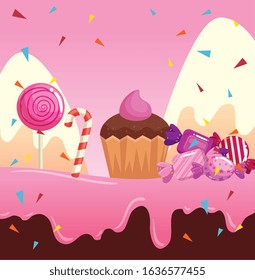 candy land with cupcake and caramels vector illustration design