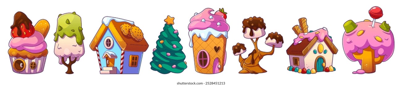 Elementos de design de terra doce em conjunto isolado no fundo branco. Ilustração vetor de desenho animado contemporânea da casa de gengibre com glacê, muffin de morango, fio dental, pirulito, sorvete X-mas árvore