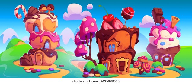 Candy land with fantasy houses made of cake and cookie, chocolate and caramel, ice cream and berry. Cartoon vector illustration landscape of cute fantasy world with sweet dessert home and nature.