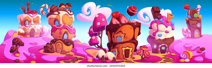 Candy land with fantasy sweet dessert houses, chocolate trees and pink jelly grass. Cartoon vector landscape of cute fantasy fairy sugar world with home made of cake and cookie, caramel and ice cream.