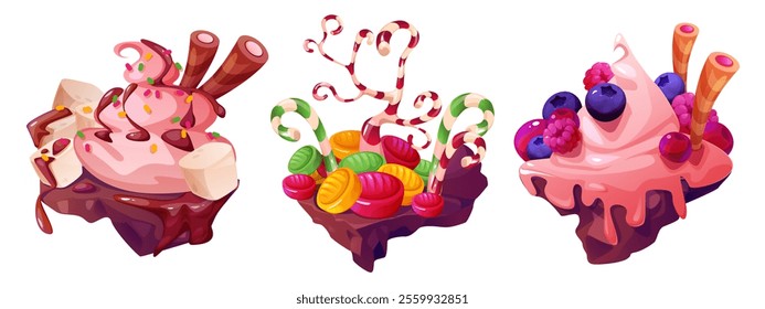 Candy land floating platform set - sweet blocks decorated with pink ice cream swirl, chocolate sticks, lollipops and candy canes, berries. Fantasy game environment elements with bright confectionery.