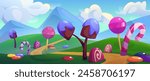Candy land game background. Vector cartoon illustration of green mountain valley with caramel lollipops, chocolate sweets along road, fairytale scenery under blue sky with clouds, confectionery world