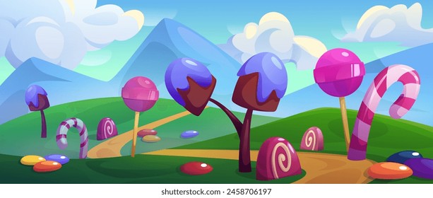 Süßigkeiten Land Spiel Hintergrund. Vektorgrafik-Cartoon-Illustration des grünen Bergtals mit Karamelll-Lollis, Schokoladen-Süßigkeiten entlang der Straße, Märchenlandschaft unter blauem Himmel mit Wolken, Süßwarenwelt