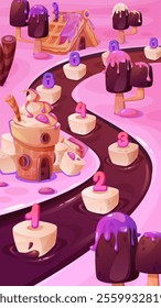 Candy land game level map. Winding chocolate river path with numbered marshmallow platforms, purple locks, popsicles trees, waffle cottage and ice cream house dripping. Mobile puzzle interface.