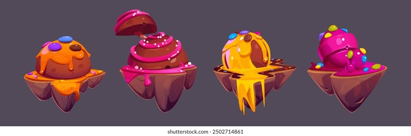 Candy land game ui Elementos de diseño - isla de tierra de cuento de hadas de fantasía para el paisaje de nivel gui. Conjunto de Ilustración vectorial de dibujos animados de postre dulce para saltar con chocolate y caramelo.