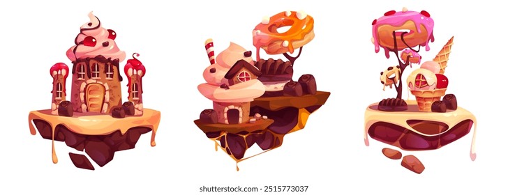 Candy land game ui design floating islands with castle, house and tree. Cartoon vector set of jump platforms with sweet dessert landscape. Cookies and cakes, chocolate and ice cream fantasy world.