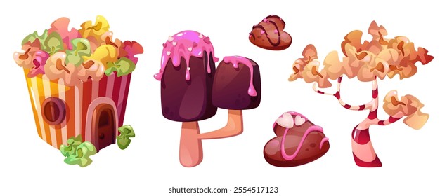 Candy land game ui landscape sugary delight elements - house made from bucket of colorful popcorn, ice cream with chocolate glaze and sweet snacks and caramel cane trees, cocoa heart confectionery.