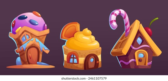 Candy land house. Fantasy chocolate sweet vector set. Confectionery and cream city building isolated object. Gingerbread dessert ui village design. Cute magic caramel dreamland world icon illustration