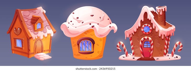 Candy Landhaus aus Cupcake mit Sahne, Schokoladenkekse und Gebäck mit Karamelll und Zuckerguss Dekoration. Cartoon Vektor Illustration Set von Fantasie süße Dessert Home. Süßwarenbauten.