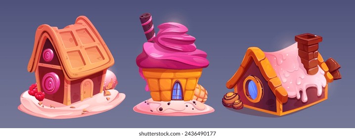 Süßigkeiten Landhaus aus süßer Dessert Bäckerei. Cartoon Vektor-Set von Fantasy-Wohngebäuden aus Cupcake mit rosa Swirl-Creme, Schokoladenkekse und Waffeln mit Karamelll und Zuckerguss-Dekoration.