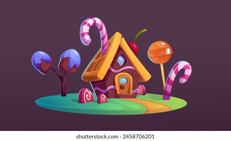 Candy land house. Sweet chocolate cartoon game set. Fantasy confectionery building with cane, lollipop and grass on island. Magic dream cookie dessert for party in fantastic candyland ui world