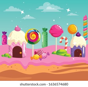 candy land with houses cupcake and caramels vector illustration design