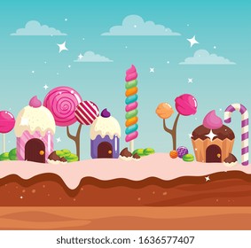 candy land with houses cupcake and caramels