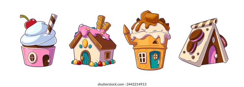 Candy land houses set isolated on background. Vector cartoon illustration of gingerbread, muffin, ice cream shape huts decorated with cherry, icing, chocolate, waffles, fantasy dessert buildings