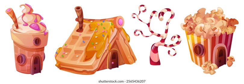 Candy land houses set isolated on white background. Vector cartoon illustration of ice cream cup with windows and door, waffle hut, caramel cane tree, sweet popcorn box, game landscape design elements